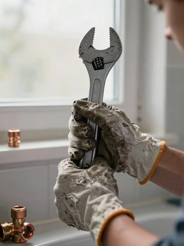 Close-up of a plumber's weathered hands gripping a pipe wrench mid-installation under natural window light in a residential bathroom, worn work gloves folded back at the wrist, copper fittings visible in the foreground