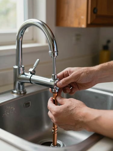 Close-up of a plumber's hands connecting a chrome faucet beneath a kitchen sink, copper pipes visible, natural window light from the upper left, real home environment with worn cabinet wood in the background