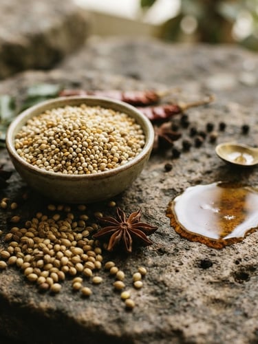 Close-up of raw millets, whole spices like coriander seeds and star anise, and a small pile of cold-pressed groundnut oil, arranged on a textured stone surface under soft natural daylight, shallow depth of field, earthy olive and warm cream tones, 35mm