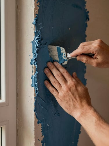 Close-up of hands troweling wet plaster onto a wall, warm editorial photography, natural raking window light, tactile plaster textures, deep slate and ochre tones, shallow depth of field, 35mm