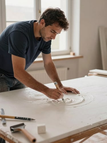 Artisan plâtrier travaillant sur un échafaudage dans une pièce lumineuse, talochant un plafond blanc parfait, outils traditionnels au sol