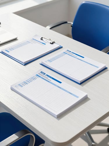 Bright sunlit modern workspace, organized planning documents on a white oak table, clean royal blue accents, high-key corporate photography, 35mm