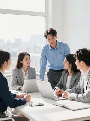 Bright high-key corporate photography of a sunlit modern workspace, clean white and blue accents, professional team collaborating around a table, crisp daylight, 35mm