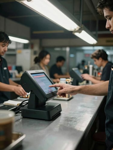 Wide counter view of a busy restaurant at night, POS terminal in the foreground mid-transaction, hands of a server pressing the screen, fluorescent overhead light casting hard shadows on the counter, documentary journalism framing, muted industrial tones