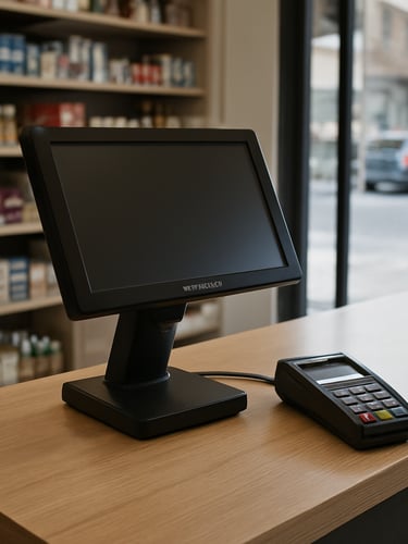 Wide environmental shot of a retail store counter with a PuntoFirme POS terminal mounted in position, a card reader visible in the foreground, daylight through storefront window illuminating the counter, no staff posed, documentary journalism framing