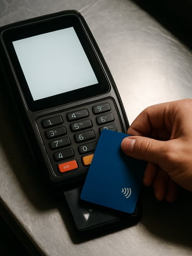 Close-up overhead view of a POS terminal screen showing an active order on a restaurant counter, a hand tapping a payment card on the reader, harsh fluorescent light from above, documentary style, no faces visible
