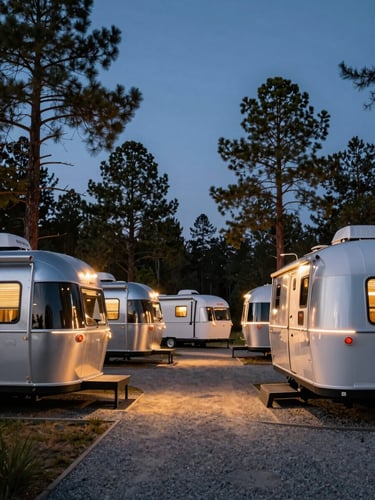 A modern premium RV park at dusk, warm glowing lights from parked Airstreams, towering pine trees against a deep twilight sky, clean gravel paths.