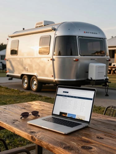 A modern Airstream trailer parked in a high-end RV resort at golden hour, a clean laptop on a rustic wooden table in the foreground showing a sleek web directory.