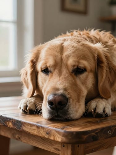 Intimate close-up of a calm golden retriever resting its chin on a clean wooden grooming table, soft natural daylight streaming from a side window, warm country-boutique aesthetic, shallow depth of field.