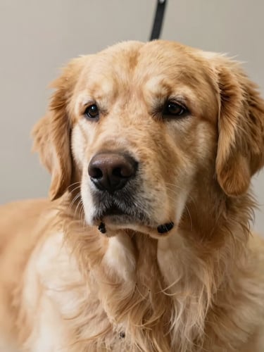 Close-up portrait of a calm golden retriever looking relaxed during a groom, soft natural side lighting, neutral clean background.