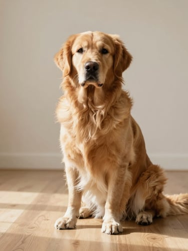 A serene Golden Retriever sitting calmly on a clean light oak floor, soft natural side light, minimal warm cream background, professional editorial photography