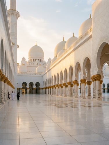 Elegant architectural photography of a sunlit marble mosque courtyard, soft golden-hour sunrise light reflecting on white stone arches, warm beige and gold tones, 35mm