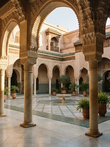 Elegant architectural photography of a sunlit courtyard with majestic marble arches, soft golden-hour sunrise light, warm beige tones, 35mm