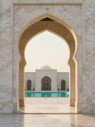 An elegant sunlit marble archway looking out onto a serene courtyard, soft golden hour morning light casting long shadows, warm beige and white tones, architectural photography, 35mm