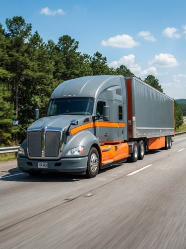 A clean commercial transport truck on a Georgia highway in bright natural daylight, high-contrast slate and orange tones, sharp focus, 35mm lens.