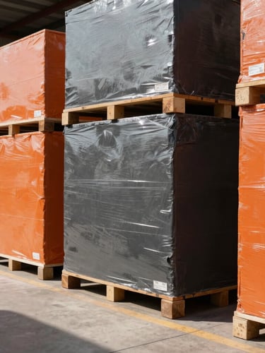 Medium shot of a clean warehouse environment, high-contrast shadows, organized secure cargo, industrial commercial photography.