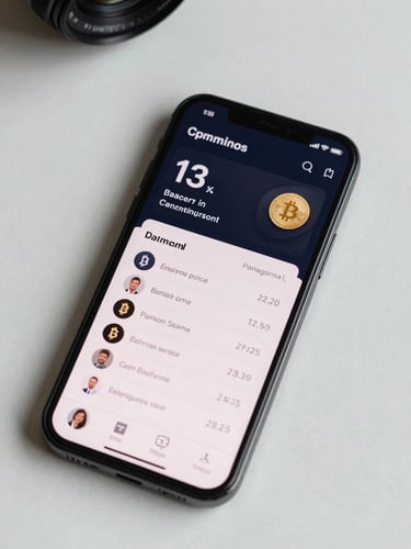 Close-up overhead flat-lay of a smartphone displaying a banking dashboard with balance, transaction list, and crypto holdings widget, dark navy UI, soft gold accent highlights, studio strobe lighting, clean white surface beneath the device