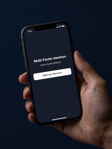 Close-up of a smartphone screen displaying a multi-factor authentication prompt, clean dark UI, studio strobe lighting, high contrast, device held in hand against deep navy background