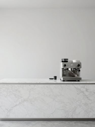 A minimalist mobile espresso bar, clean white marble counter, single sleek espresso machine, soft overcast natural light, empty negative space
