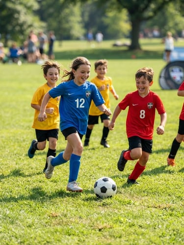 Bright outdoor action photography of children playing soccer on a green field, natural sunlight, laughing and running, candid medium shot