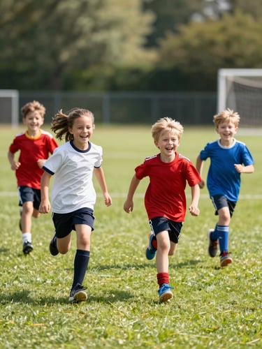 Candid eye-level shot of Dutch children laughing and running on a green sports field during a sunny day