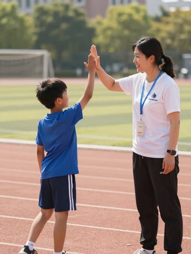 A friendly volunteer coach high-fiving a young boy on a sunny outdoor athletic track, warm natural lighting