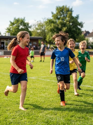 Bright outdoor action photography of children laughing and running on a green sports field in Soest, warm natural sunlight, candid medium shot.