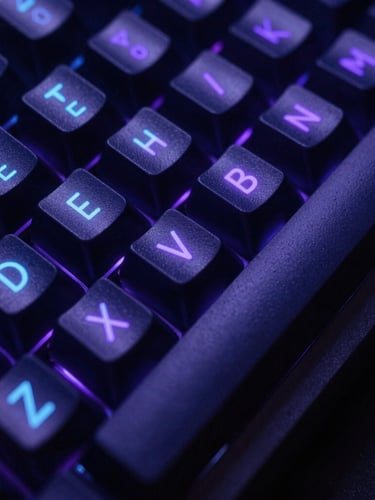 Extreme macro shot of a mechanical keyboard with glowing violet and cyan legends, dark technical aesthetic, sharp neon accent lighting, high contrast