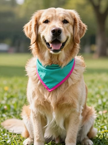 A happy golden retriever wearing a colorful handmade teal and magenta bandana, sitting in a sunny park, bright natural pet photography, warm cheerful daylight