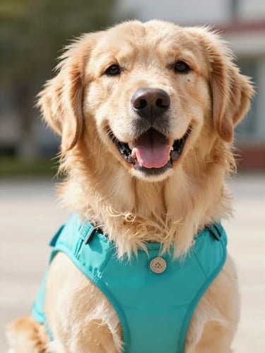Close-up eye-level shot of a happy golden retriever wearing a vibrant teal pet vest, bright natural outdoor daylight, warm cheerful atmosphere, shallow depth of field