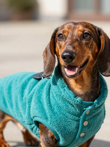 Close-up of a cheerful dachshund wearing a custom-tailored teal fleece jacket, bright natural outdoor light, shallow depth of field, 50mm lens