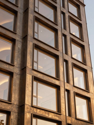 Tactile architectural close-up of the premium tower facade at dusk, showing structured bronze metal panels, warm interior lighting through double-glazed windows, and clean geometric lines.