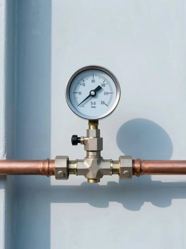 Straight-on medium shot of a clean digital manifold gauge connected to copper pipes on a modern exterior wall, bright daylight, cool blue tones, sharp focus, 35mm