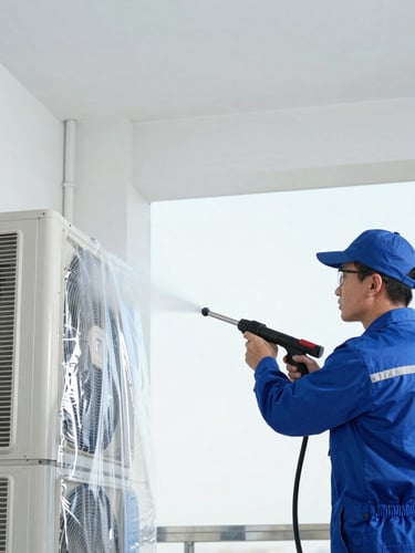 Professional HVAC technician in a clean uniform using high-pressure water cleaner on an indoor air conditioner unit, protective plastic sleeve attached, bright daylight, cool tones