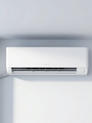 Straight-on medium shot of a clean, modern air conditioning unit perfectly aligned on a crisp white architectural wall, bright daylight, cool blue undertones, professional HVAC installation, 35mm