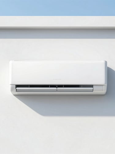 A clean modern air conditioning unit installed perfectly on a minimalist white architectural wall, bright cool daylight, sharp focus, architectural framing, 35mm