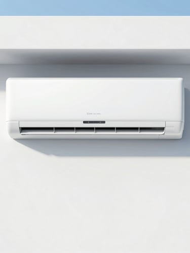 Straight-on medium shot of a clean modern air conditioning unit perfectly aligned on a white architectural wall, crisp daylight, cool blue tones, 35mm