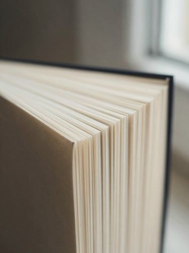 Close-up macro shot of deckled book edges and heavy cream paper stock, soft natural side lighting, shallow depth of field, tactile paper texture.