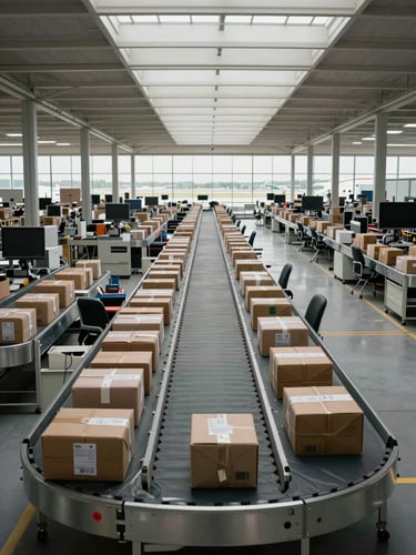 Wide environmental shot of an airport-adjacent parcel sortation facility interior, overcast daylight through skylights illuminating rows of conveyor belts and labeled packages in organized bins, shot from ground level looking down the length of the facility showing operational scale and order