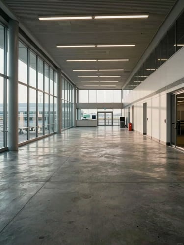 Wide-angle interior corridor of a modern operational building near an airport, polished concrete floors, high ceilings with industrial lighting fixtures, access-controlled door visible at the far end, natural daylight entering from clerestory windows, no people