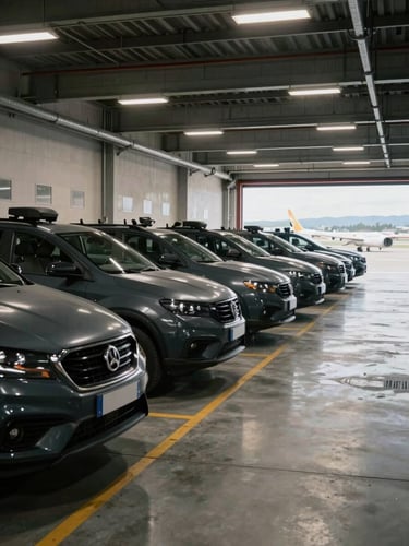 Wide environmental shot looking along a row of dark fleet vehicles parked inside a large covered depot near Málaga airport, overhead industrial lighting casting clean pools of light on polished concrete floors, vehicles aligned with operational precision, no people, facility scale visible in background