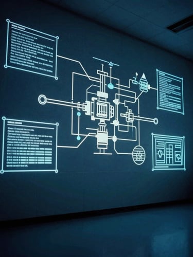 Ultra-wide architectural perspective of an empty high-security research laboratory, with technical schematics projected onto a cool slate wall, low-key lighting, high contrast, cool blue and stark white light, deep shadows, 35mm.