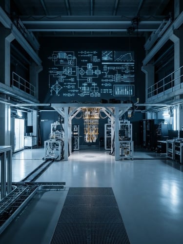 Ultra-wide architectural perspective of an empty, high-security quantum research laboratory, stark white and cool blue lighting, deep shadows, monospaced technical schematics projected onto a wall.