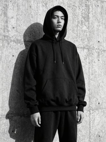 Low-angle street shot of a model in a stark black oversized hoodie standing against a brutalist concrete wall, harsh direct sunlight casting deep shadows, stark monochrome, 35mm film grain.