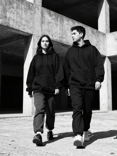 Low-angle black and white street shot of a couple walking through a brutalist concrete courtyard, wearing matching oversized black hoodies and relaxed trousers, harsh direct sunlight, deep shadows, 35mm film grain