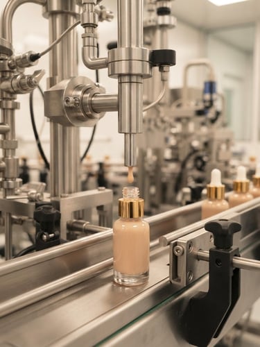 Sleek modern cosmetics manufacturing line, clean-room environment, stainless steel equipment, soft warm studio lighting, macro depth of field