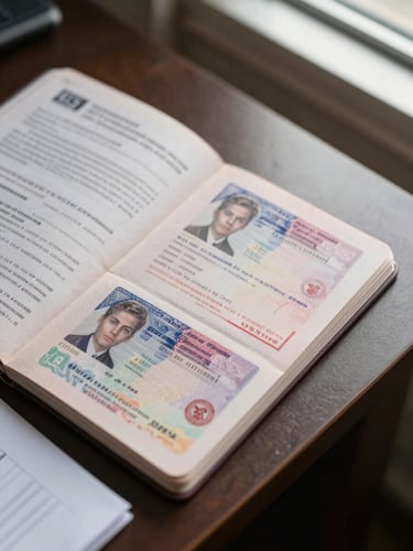Close-up overhead of an open passport with visa stamps resting on a consultation desk, natural daylight from a side window, official documents partially visible at frame edge