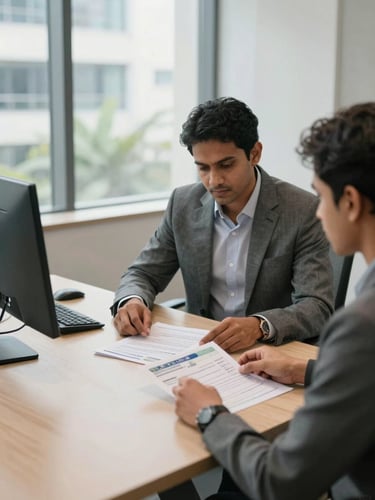 Wide shot of a professional consultation desk in a modern Hyderabad office, advisor reviewing printed visa documents with a client across the table, natural daylight from large windows, architectural clarity, neutral tones