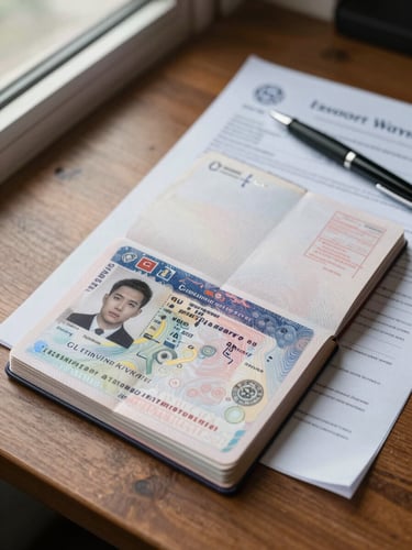 Close overhead view of an open passport resting on a wooden consultation desk beside printed visa documents and a pen, natural window light from the left, crisp detail on the passport photo page and entry stamps, no faces visible