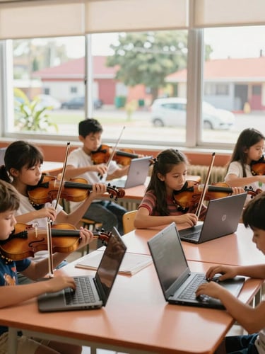 A wide environmental shot of a bright, sunlit classroom where children are working in pairs, some holding violins and others typing on laptops, warm terracotta tones, 35mm.